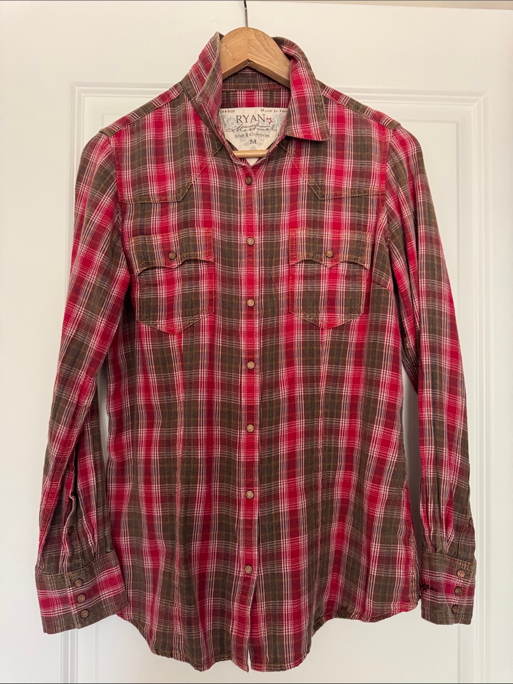 Ryan Michael Western Plaid Snap Button Shirt Red Brown Cotton | Size Medium